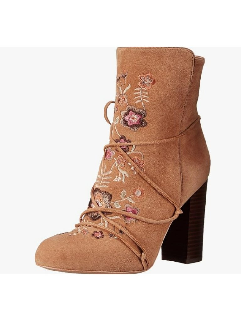 Sam Edelman Brown Suede Block Heel Ankle Booties W/ Floral Embroidery, Size 6